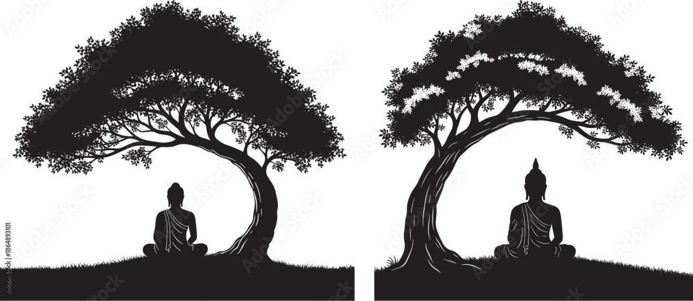 Obraz premium Silhouette of Buddha Meditating Under a Large Tree on a Hill Vector