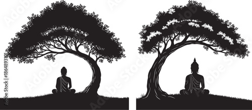Silhouette of Buddha Meditating Under a Large Tree on a Hill Vector