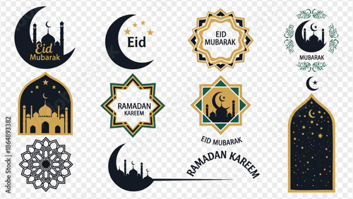 Ramadan Kareem and Eid Mubarak Islamic holiday icons