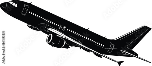 Black passenger airplane silhouette flying upward isolated on white background modern commercial aviation vector illustration