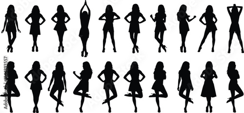 Collection of female silhouettes in various standing and fashion poses, elegant women figures showing confidence, style and body language isolated on white background