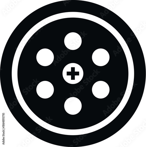 Black and white film reel icon with a plus symbol representing adding or creating new content