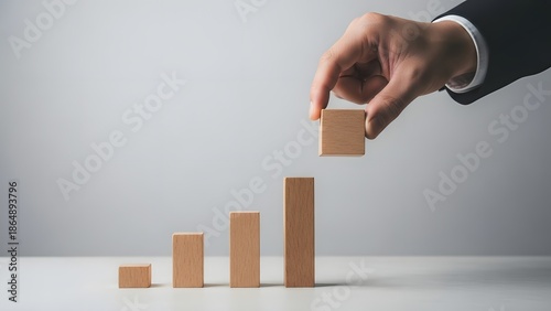 Close-up of a businessman's hand adding a wooden block to an ascending stack, symbolizing strategic steps towards financial growth, business development, and success in a competitive market