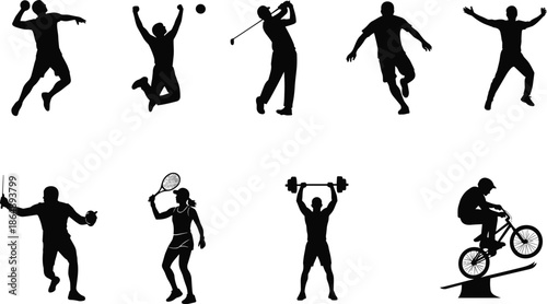 Collection of sports people silhouettes showing jumping, golf, tennis, weightlifting and cycling activities, active lifestyle and fitness poses isolated on white background