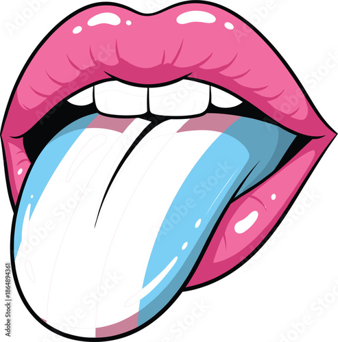 Pop art lips with tongue vector illustration isolated featuring glossy pink mouth for beauty fashion sticker and branding design