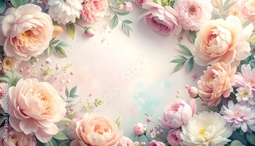 A beautiful arrangement of soft pink and white flowers framing a gentle pastel background