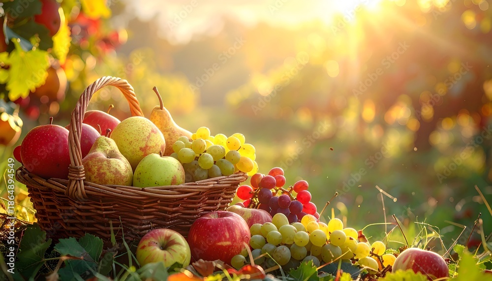 Fototapeta premium A basket filled with colorful fruits sits in a sunlit vineyard, surrounded by lush greenery