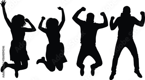 Group of excited people silhouettes jumping with raised fists celebrating success, teamwork, victory and positive energy isolated on white background