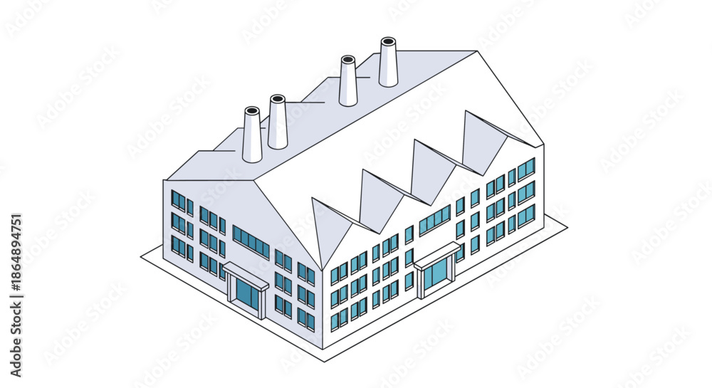 Fototapeta premium Large industrial factory building with distinctive saw-tooth roof and chimneys shown in clean isometric perspective.
