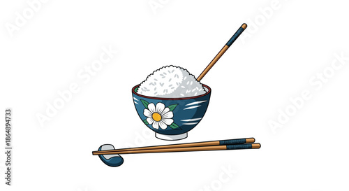 Pixel art illustration of ceramic bowl filled with white rice including wooden chopsticks and blue chopstick rest.