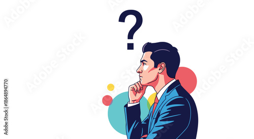 Thoughtful businessman in dark suit resting chin on hand and looking at large question mark for problem solving.