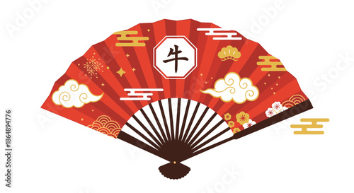 Traditional red Japanese folding fan decorated with golden clouds and kanji character for ox zodiac sign celebration.