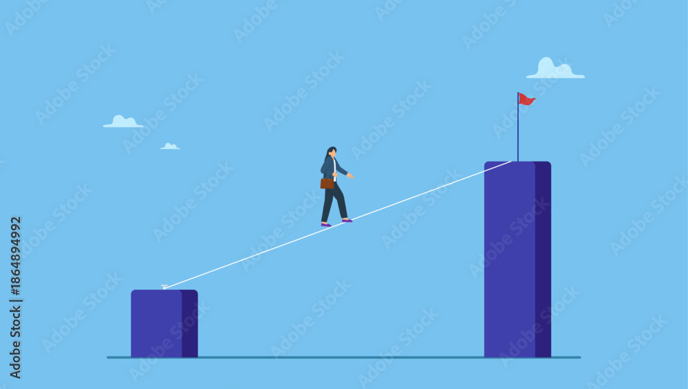 Fototapeta premium Confidence businesswoman walking on the rope up to higher goal. Career challenge or growth and improvement, risk taking to be success or leadership to overcome difficulty to achieve target.
