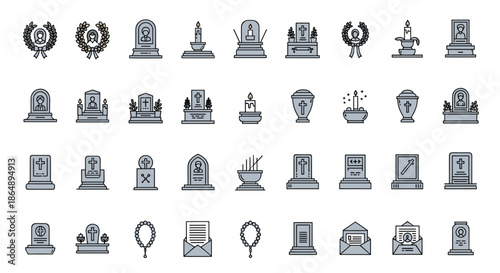 Large icon set related to funeral services including gravestones, memorial wreaths, candles, and burial urns.
