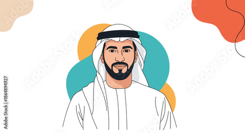 Portrait of handsome Middle Eastern man wearing white thobe and traditional headscarf against abstract background.