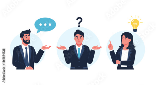 Group of diverse business professionals expressing various emotions including talking and confusion and having a creative idea.