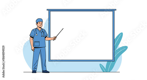 Professional male medical worker wearing blue hospital scrubs points towards blank whiteboard for presentation or information.