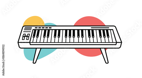 Electronic musical synthesizer keyboard instrument on stand with abstract colorful shapes in background for music production.