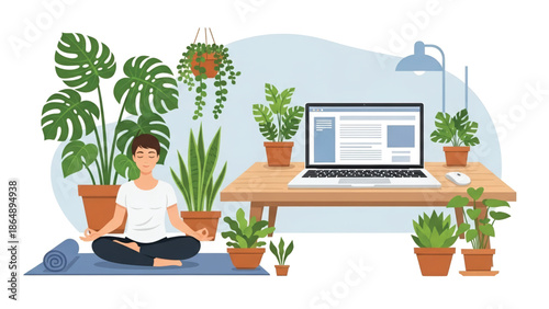 Woman Meditating with Laptop and Plants.