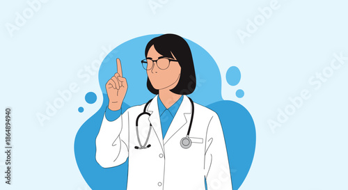 Serious female medical professional in white coat pointing finger up to give advice or warning against blue abstract background.