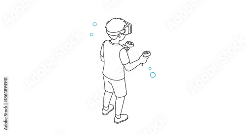 Young boy using virtual reality headset and hand controllers for an immersive gaming experience in simple isometric line style.