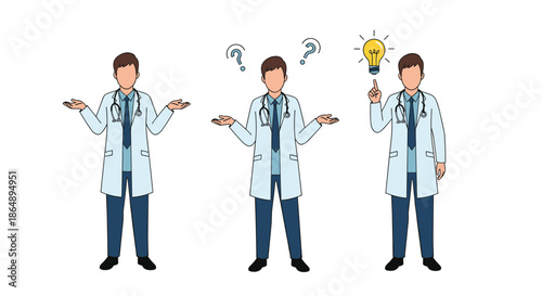 Set of male doctor character poses showing shrugging and confusion with question marks and having a bright new medical idea.