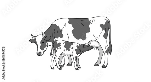 Mother cow with her small calf standing together in simple black and white line art illustration for farm and nature themes.