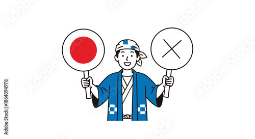 Traditional Japanese male worker in blue hapi coat holding up signs for correct red circle and incorrect cross for evaluation.