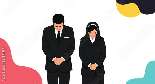 Man and woman wearing formal black mourning clothes bowing their heads in prayer or respect during funeral service or sorrow.