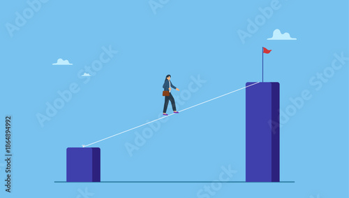 Confidence businesswoman walking on the rope up to higher goal. Career challenge or growth and improvement, risk taking to be success or leadership to overcome difficulty to achieve target.