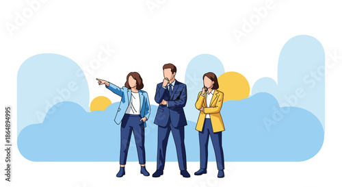 Team of three diverse business professionals standing together looking forward and pointing towards future corporate goals.