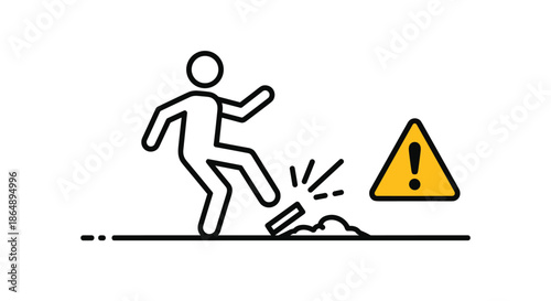 Warning sign illustration of stick figure person tripping over obstacle on ground with yellow exclamation mark for safety.