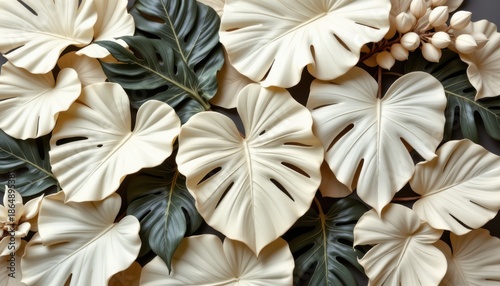 Elegant Arrangement of Tropical Leaves and Botanical Elements in Neutral Tones for Stylish Decor or Background