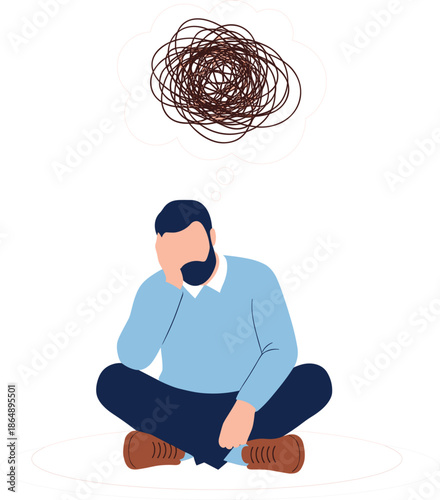 Depressed man sitting on floor vector illustration with anxiety cloud representing mental health stress sadness and emotional struggle