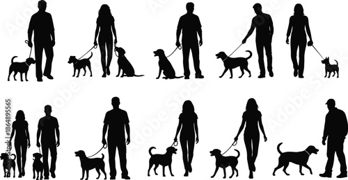 People walking dogs silhouette collection showing men and women with pets on leashes isolated on white background vector illustration