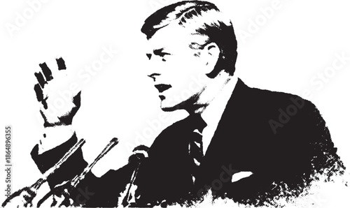 Speaker with raised hand in a black and white vector illustration. A graphic representation emphasizing political expression and communication set.