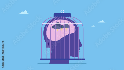 Bird cage lock over depressed fearful human brain. Fixed mindset, negative emotion refuse to learn anything new, fearful or mental lock, suppression or aversion disorder.
