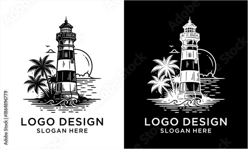 Vintage Lighthouse on Tropical Island with Palm Trees and Ocean Waves.