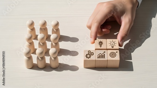 Strategic business development concept a team collaborates to build success, visualizing innovation, growth, and target achievement with symbolic wooden blocks on a clean background