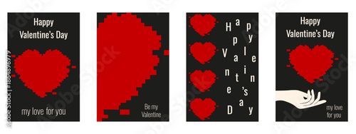 Trendy Glitch happy Valentine's Day vertical poster cover set. Vector Glitch effect red heart and bold holiday message isolated black background. Modern Valentine Day card collection. EPS 10