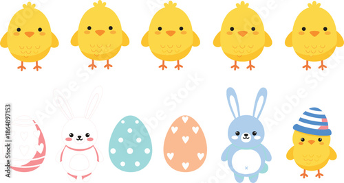Cute baby chicks and easter eggs vector illustration with bunny characters for spring holiday kids and nursery design