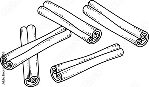 Cinnamon sticks line art vector illustration with hand drawn spice outline isolated for food packaging and herbal design