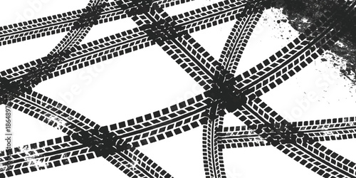 Grungy intersecting tire track pattern design element background isolated on white background