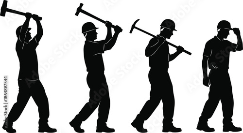 Construction worker silhouettes carrying tools in different poses, labor industry concept isolated black vector illustration on white background design set