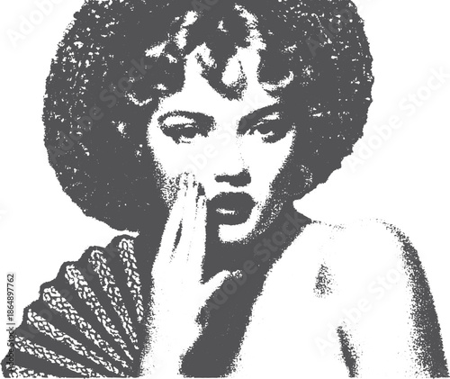 Vintage black and white portrait of a woman with curly hair and a fan. This stylish vector illustration captures a mysterious expression and classic beauty.