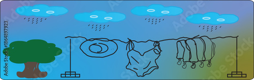 A simple digital illustration showing a swimsuit, hat, and towel drying on an outdoor clothesline during a rain shower. Featuring blue clouds and a green tree in a minimalist line art style, it's idea