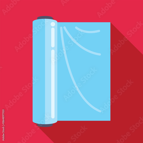 Blue plastic food wrap roll creating a long shadow on a red background