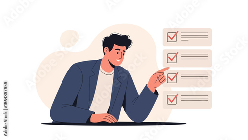 Young professional man checking off tasks on a digital to-do list for productivity and organization
