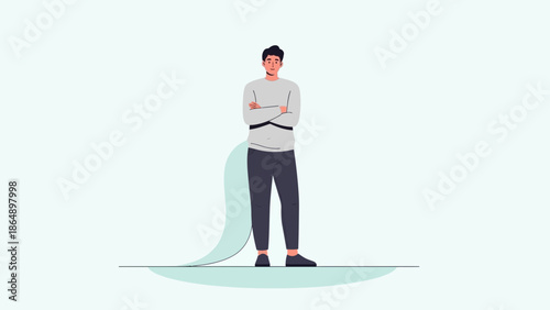 Young man standing with crossed arms in casual clothing on plain background