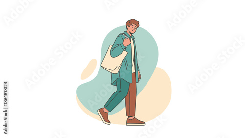 Young man walking with a backpack on a casual stroll representing youth and travel lifestyle